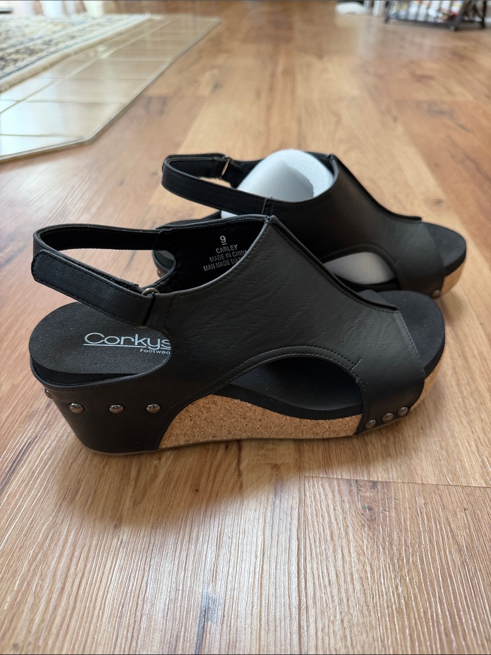 Corkys Black Open-Toe Slingback Cork Wedge Sandals, size 9, NIB - Picture 2 of 6